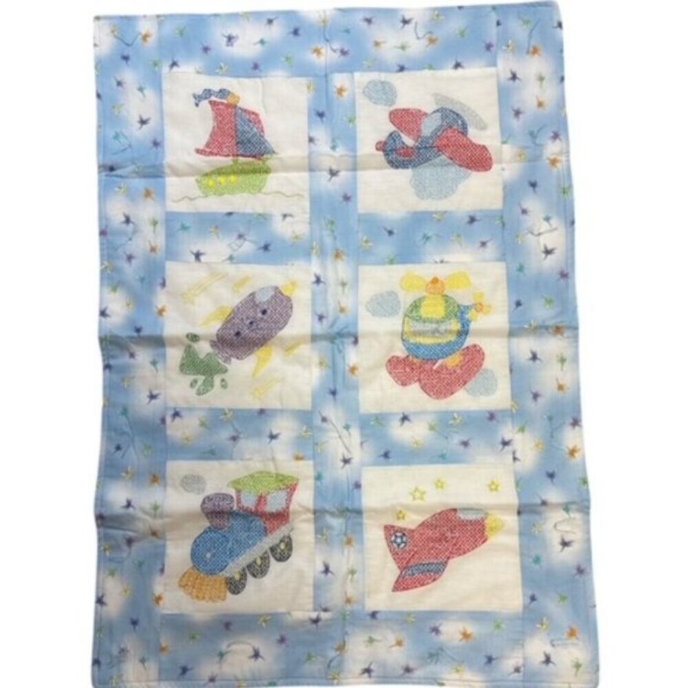 Homemade Quilt Blue Red Yellow  Car Boat Plane Vehicles Baby Boy Blanket  25"x36